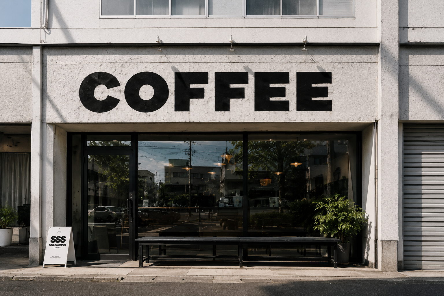SHE SAID SO の外観。白いコンクリートの壁に大きく COFFEE と描かれ、黒いベンチが並ぶ